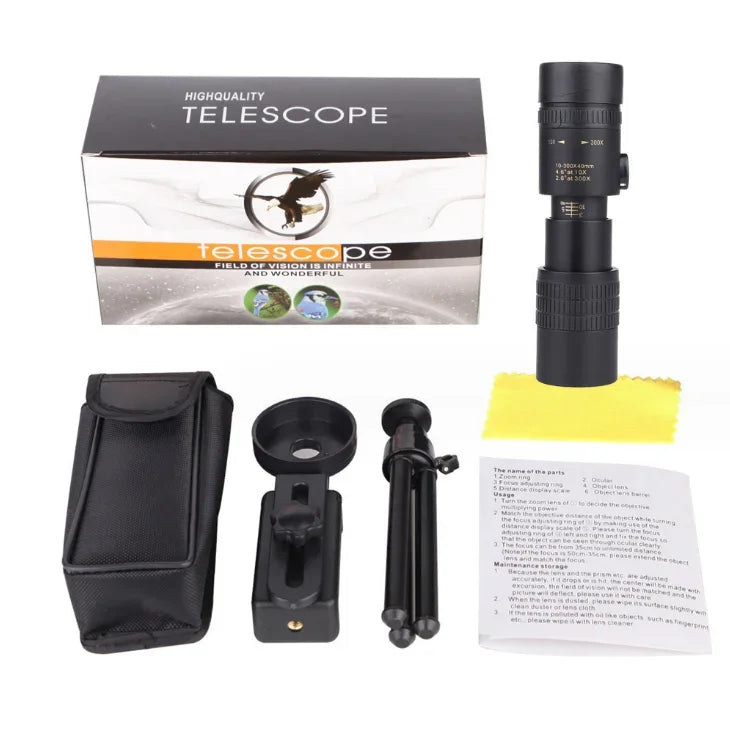 10-300X Phone adaptable Portable Metal Monocular HD 4K Optics