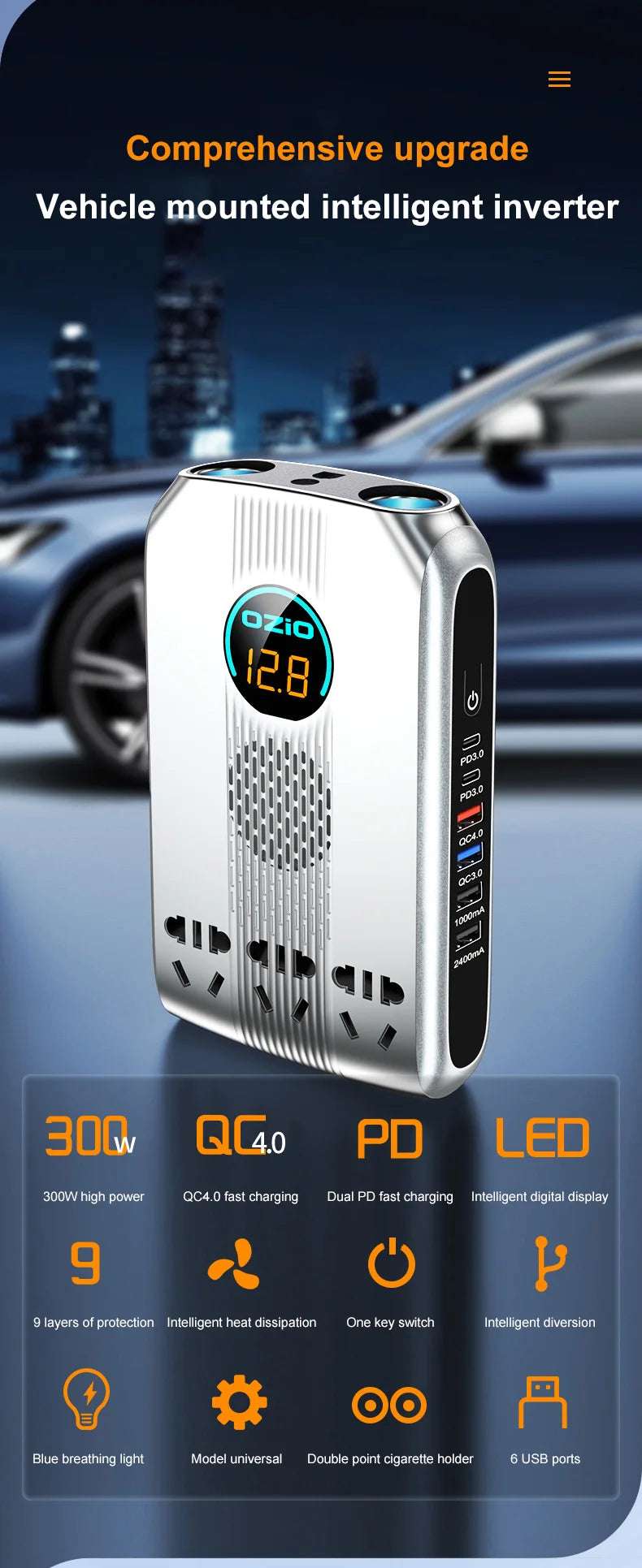 300W Car Power Inverter Adaptor Multifunctional 12/24V