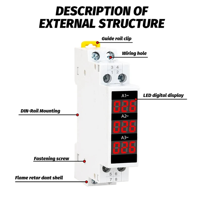 Din Rail Mount 3 Phase Ampere Meter Current Meter Indicator LED electrical supplys