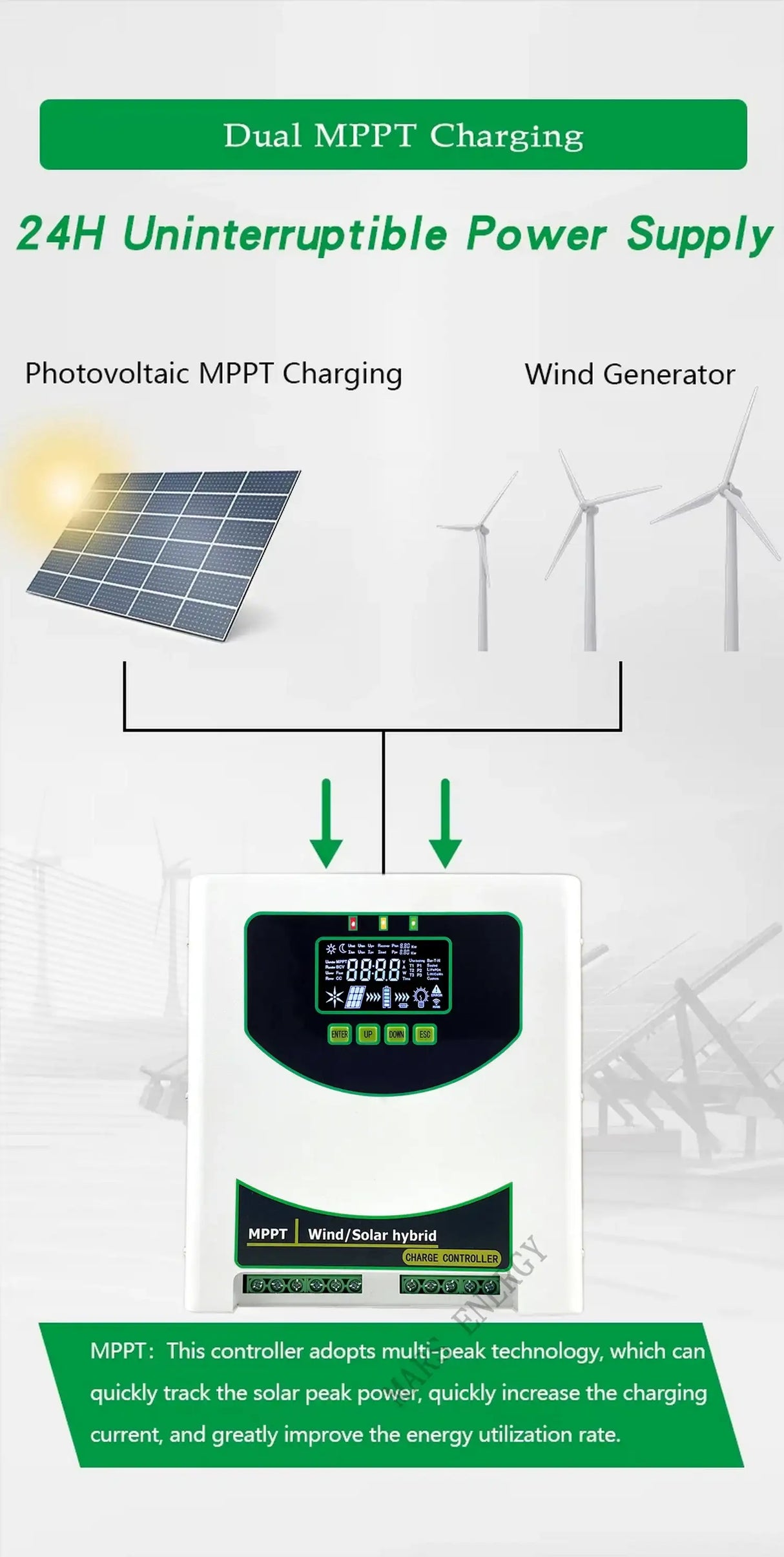 MPPT Wind Solar Hybrid Controller 1kw, 1.5kw, 2kw & 3kw Wind & Solar Controllers