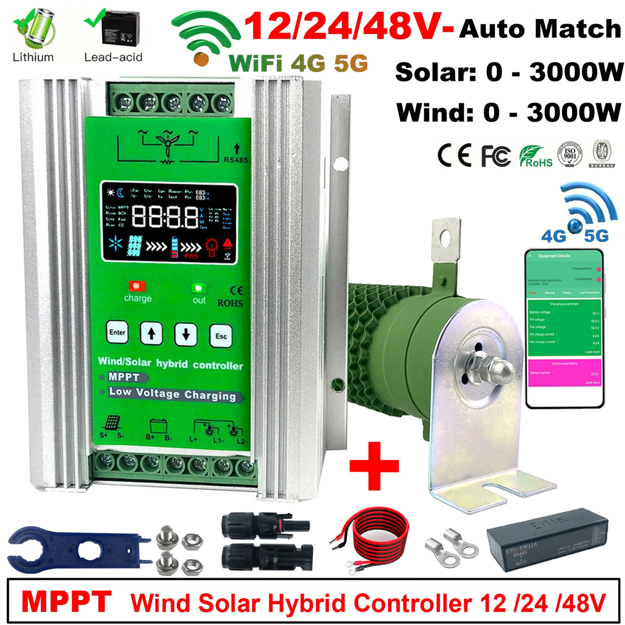 Mars 1kW-3kW Wind & Solar Hybrid MPPT Controller Lifepo4 Full Battery Display Wind Power