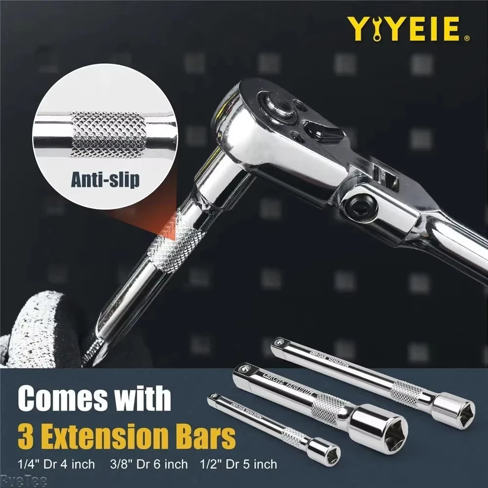 Ratchet Set 1/4" 3/8" 1/2" Drive 180° Adjustable Swivel Head tools