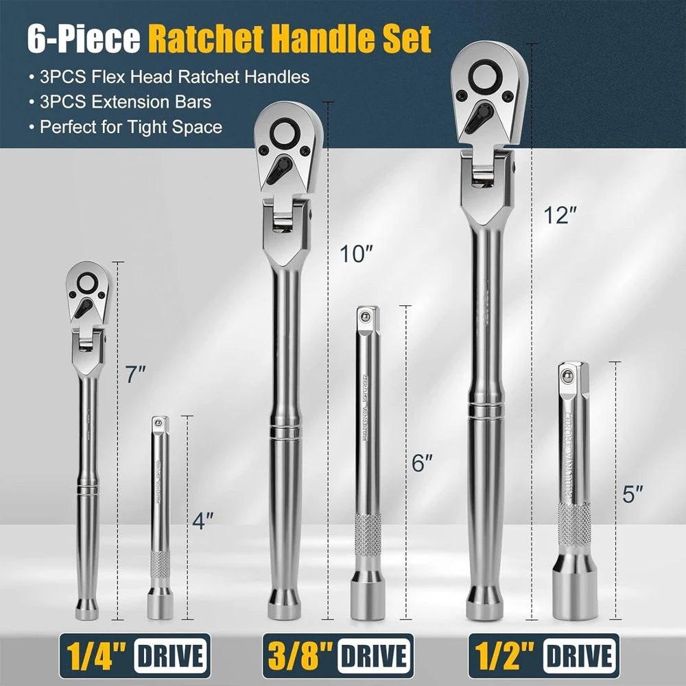 Ratchet Set 1/4" 3/8" 1/2" Drive 180° Adjustable Swivel Head tools