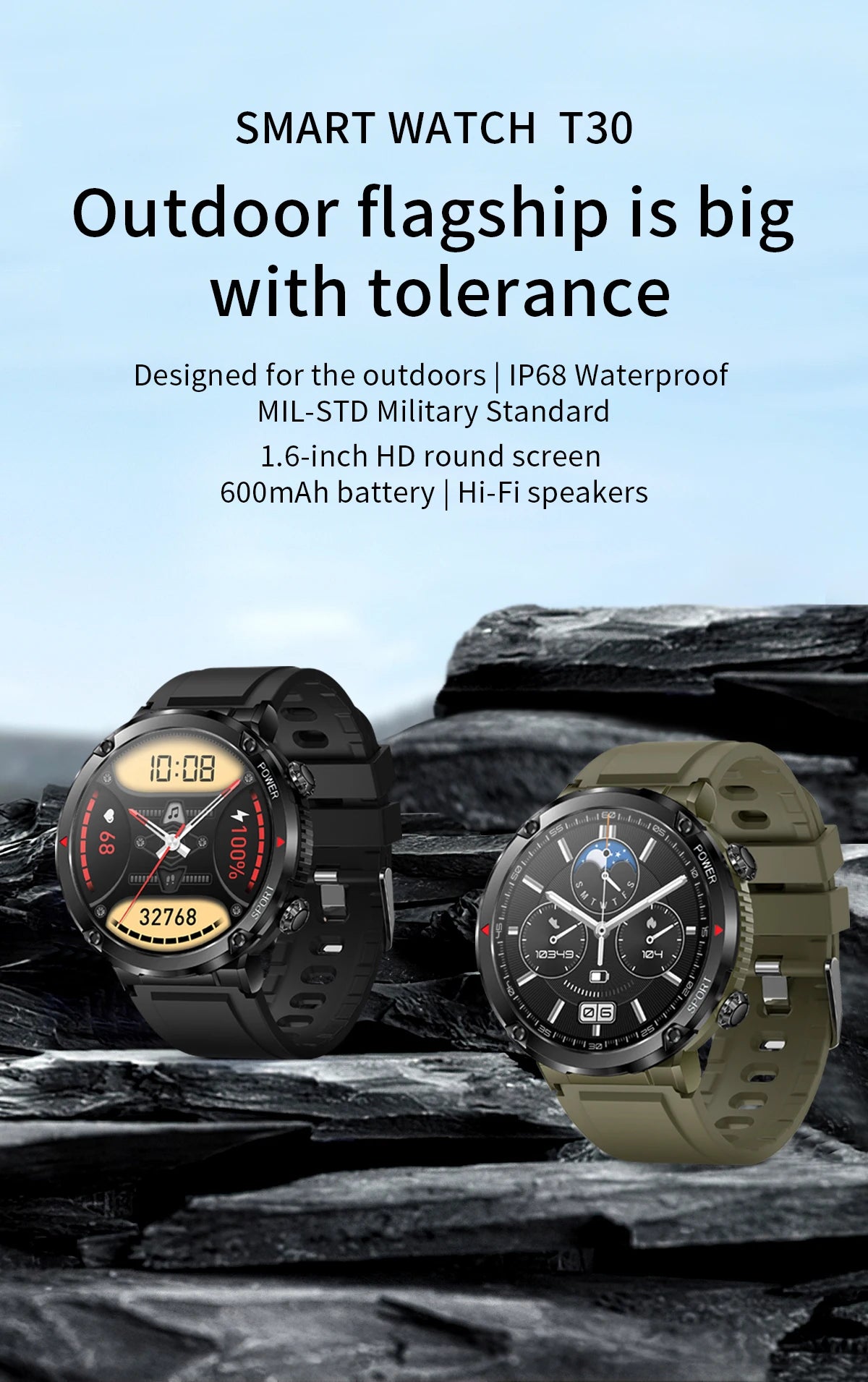 T30 Smart Watch AMOLED Display Outdoor Bluetooth Watchs