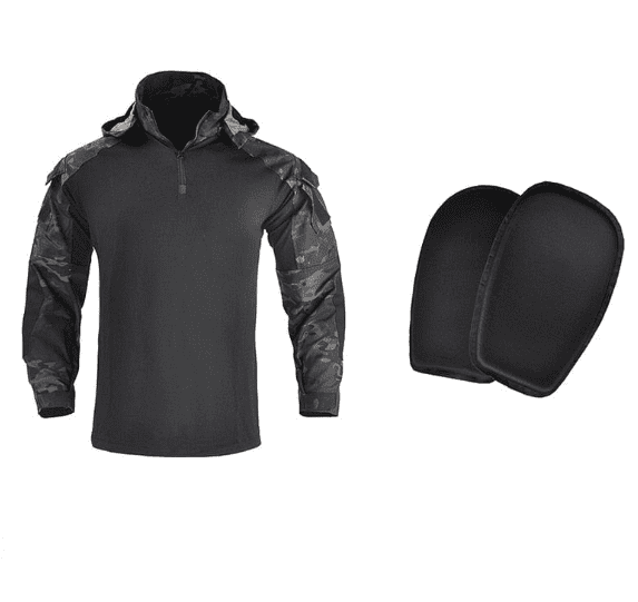 Tactical Uniform Pants and Shirt with Pads Outdoor Clothing BushLine Black camo Shirt Pad S-(50-60KG)