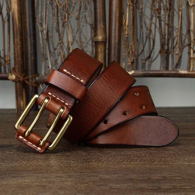 Wide Genuine Leather Belt Double Needle Buckle belts