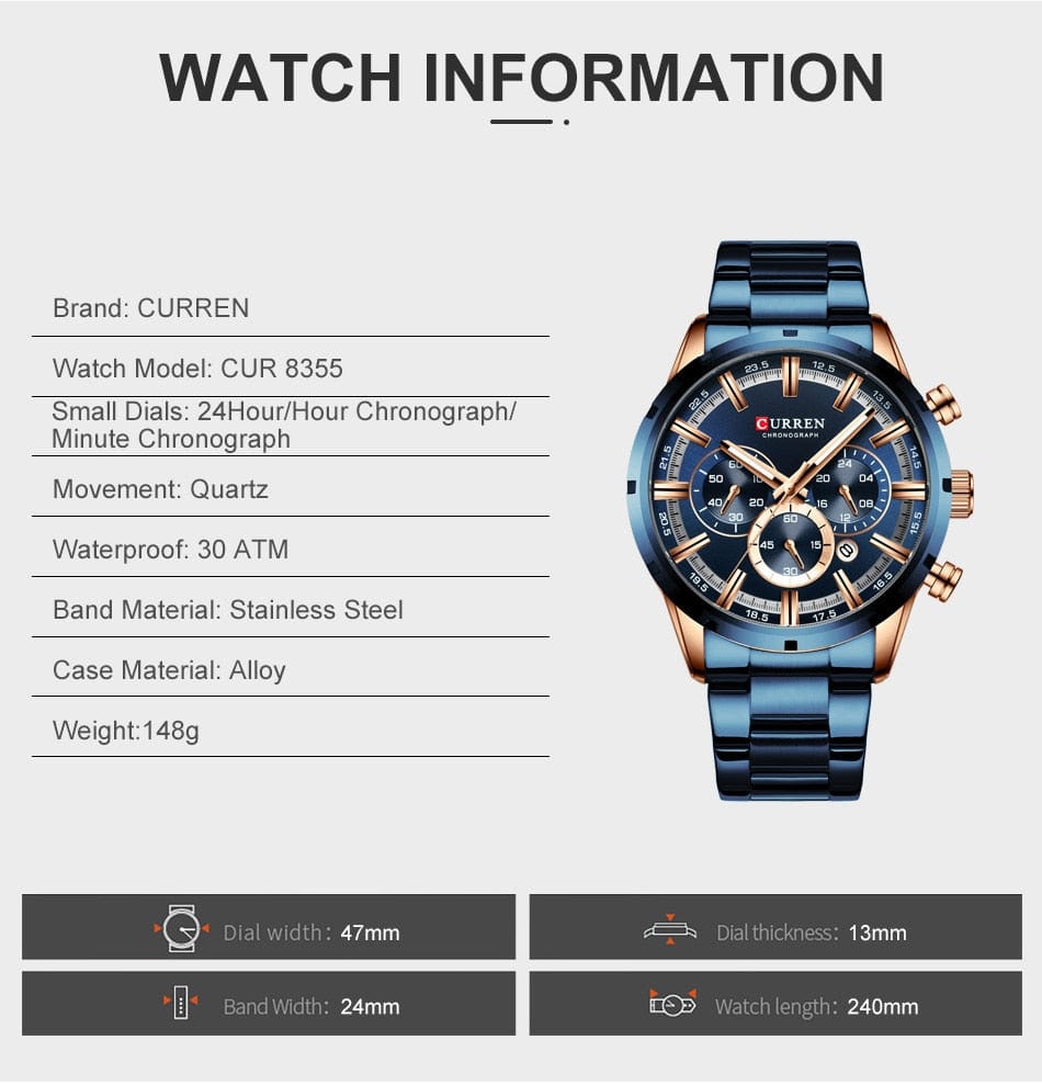 CURREN 8355 Luxury Sports Quartz Waterproof Watchs