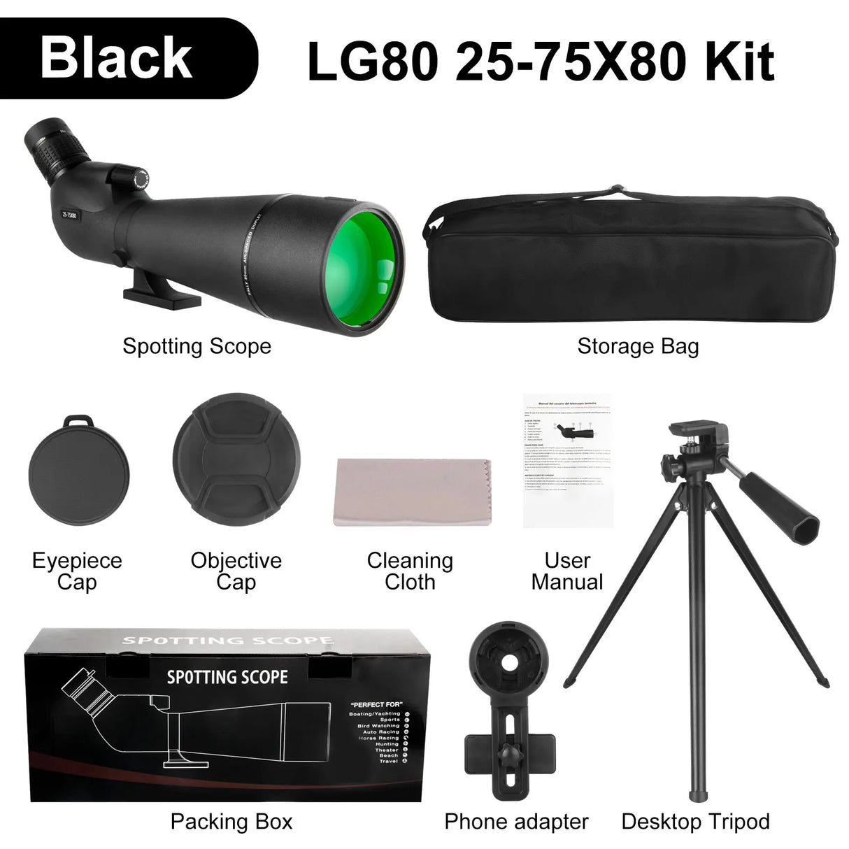 25-75x80 Spotting Monocular With Phone Adapter  & Tripod monocular  