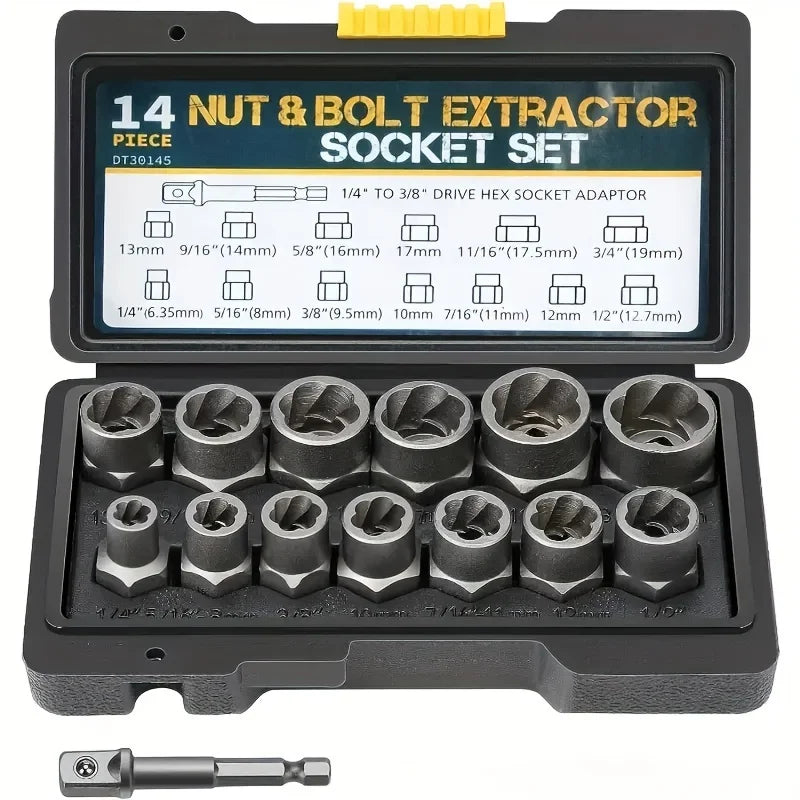 Damaged Nut Bolt Extractor Remover Set 14Pcs Impact Socket Set tools  