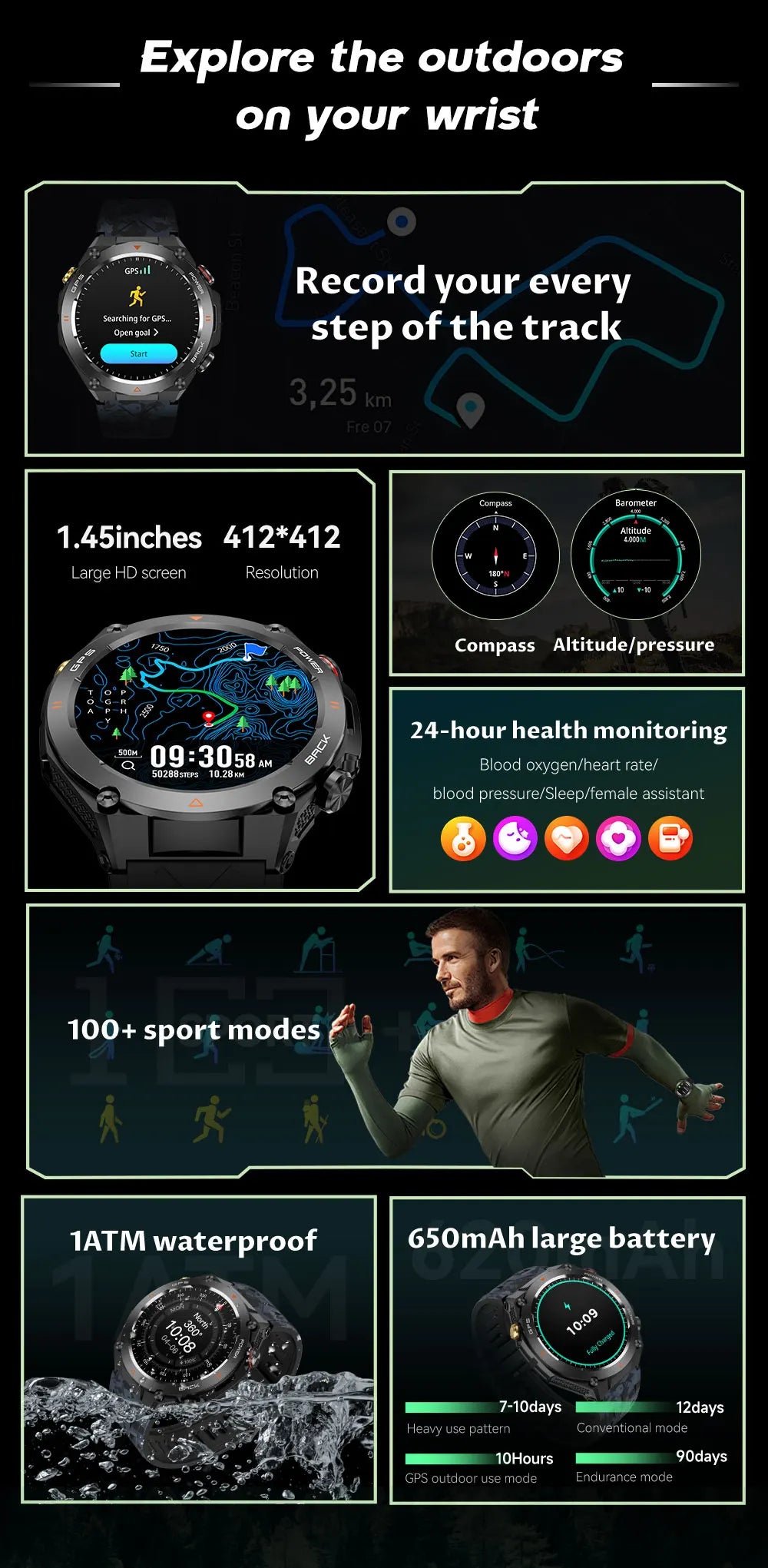 GPS Bluetooth GPS Smart Sports Watch 650mAh Battery Watchs  