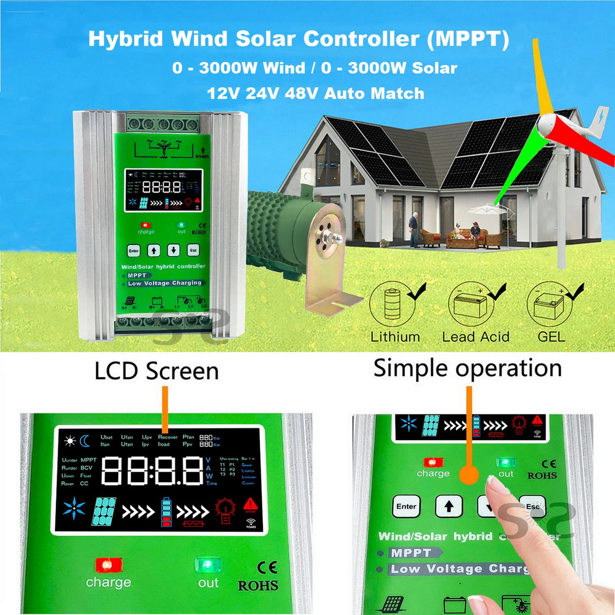 Mars 1kW-3kW Wind & Solar Hybrid MPPT Controller Lifepo4 Full Battery Display Wind Power  