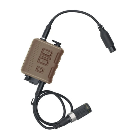 Brown electronic device with cables on a white background