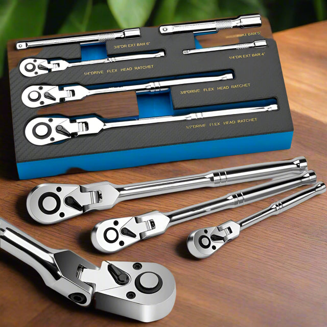 Ratchet Set 1/4" 3/8" 1/2" Drive 180° Adjustable Swivel Head tools  