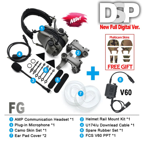 AMP communication headset with accessories and DSP branding on a white background